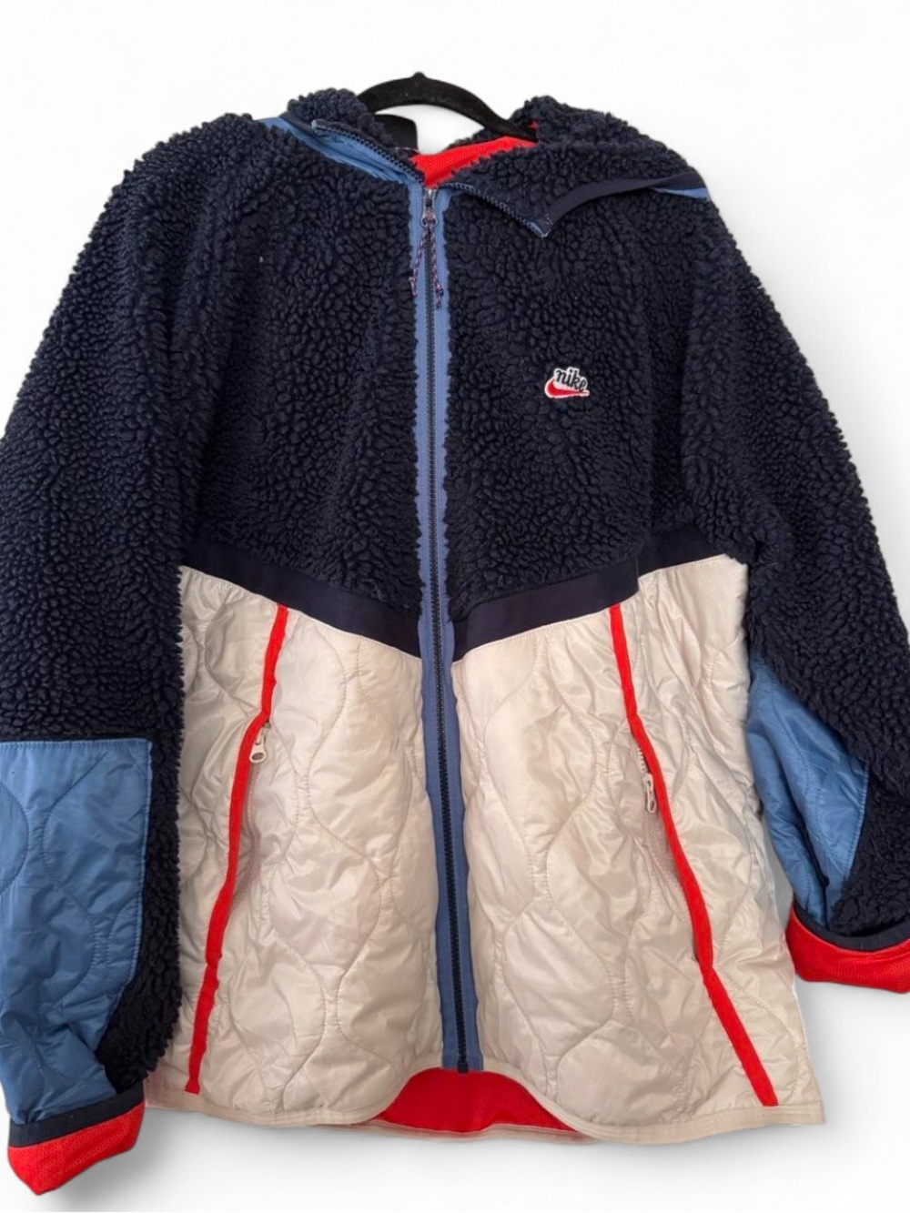 Nike Men’s Navy, Light Beige & Red Sherpa Quilted Hooded Jacket